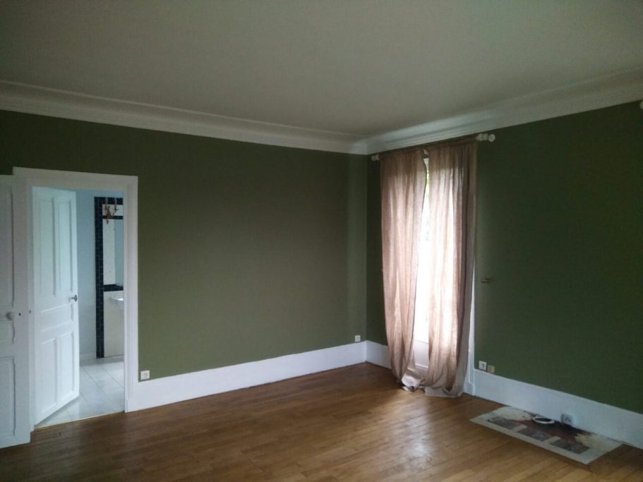 Salle de séjour vide avec murs verts et rideaux beiges, lumière naturelle entrant par la fenêtre.